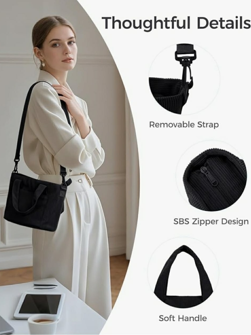 Mini Black Corduroy Shoulder Tote Bag with Removable Strap NWT - Picture 5 of 16